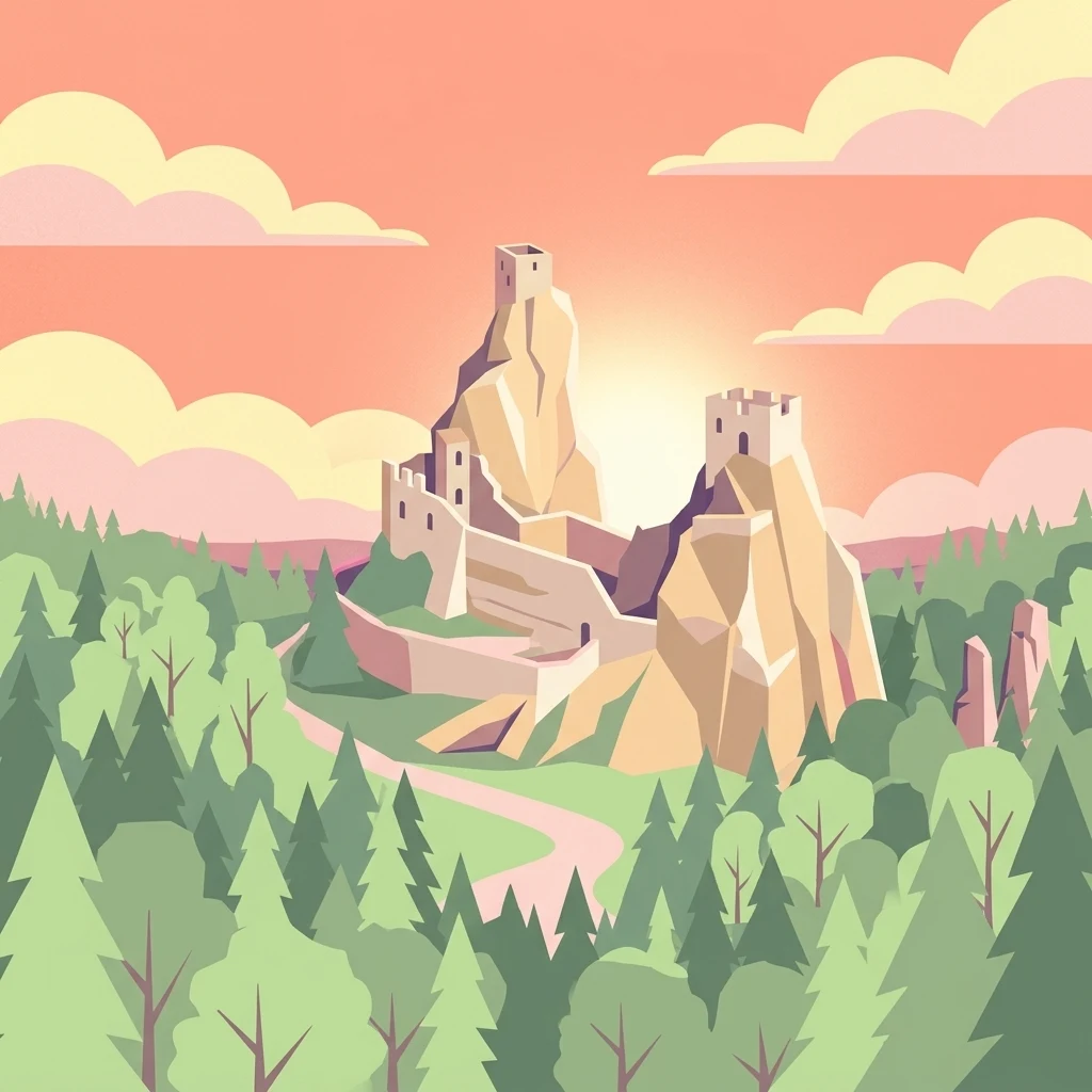 Illustration showing sandstone rock formations with castles, surrounded by forest, with winding path and sunset sky