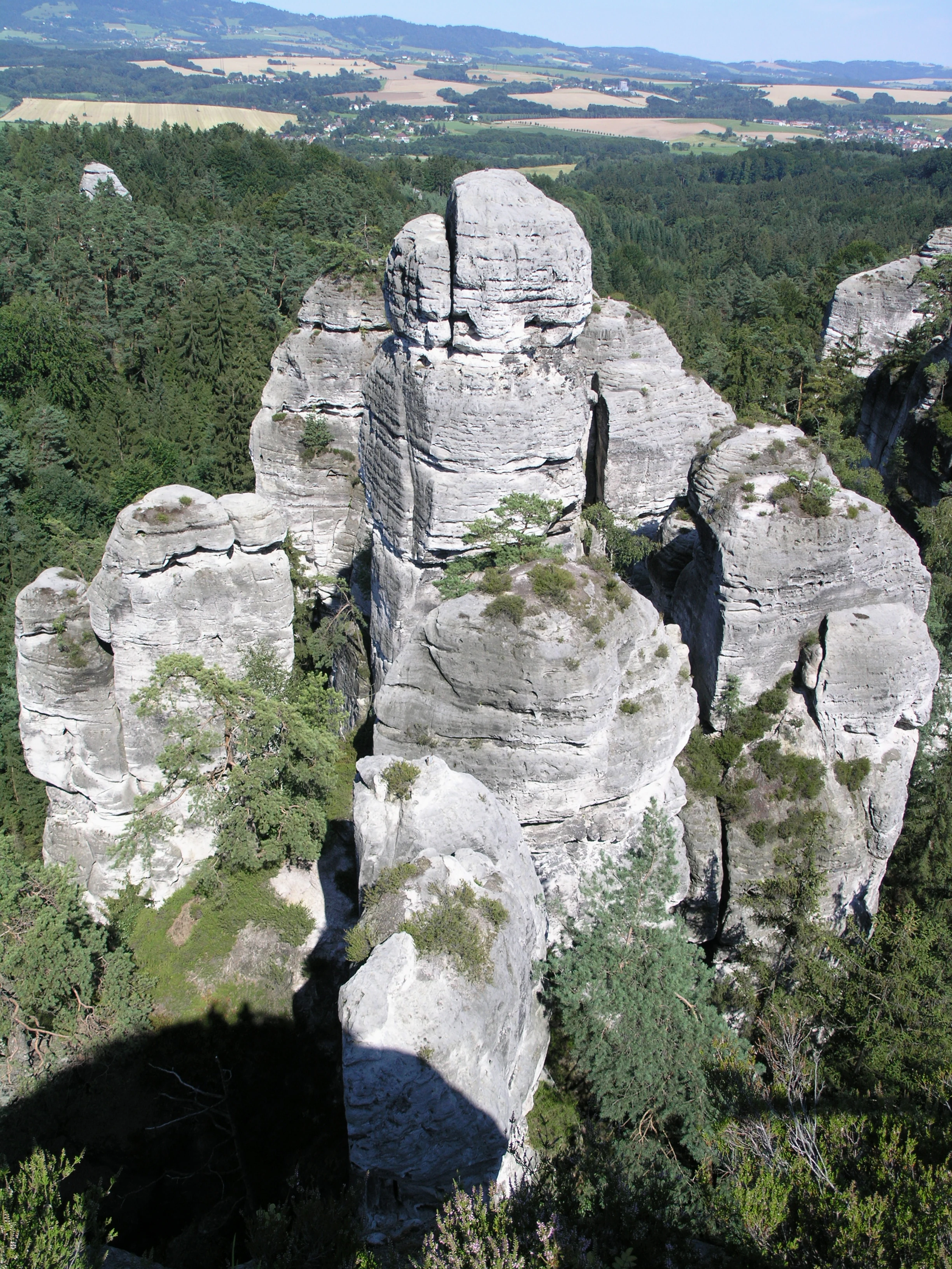 Tall sandstone rock formations surrounded by dense forest with distant hills and valley