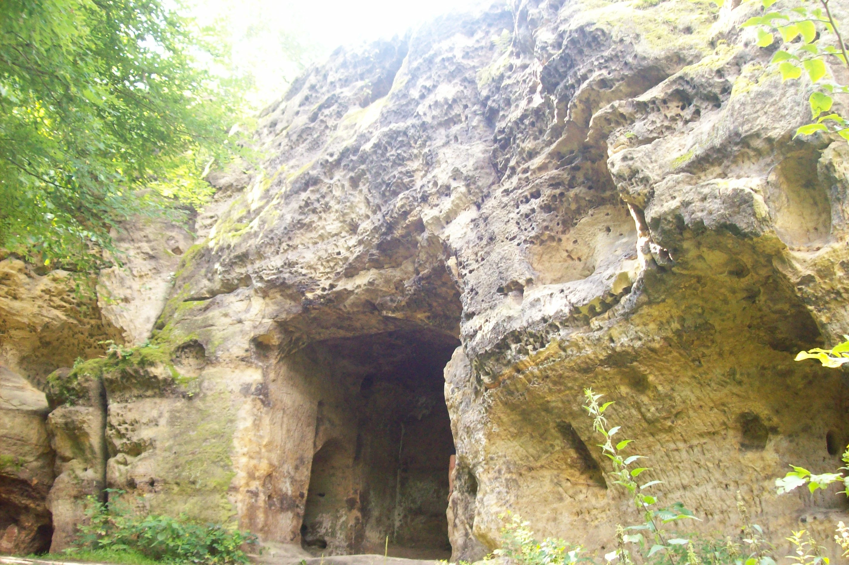 Large sandstone rock formation with cave entrance surrounded by green trees and vegetation