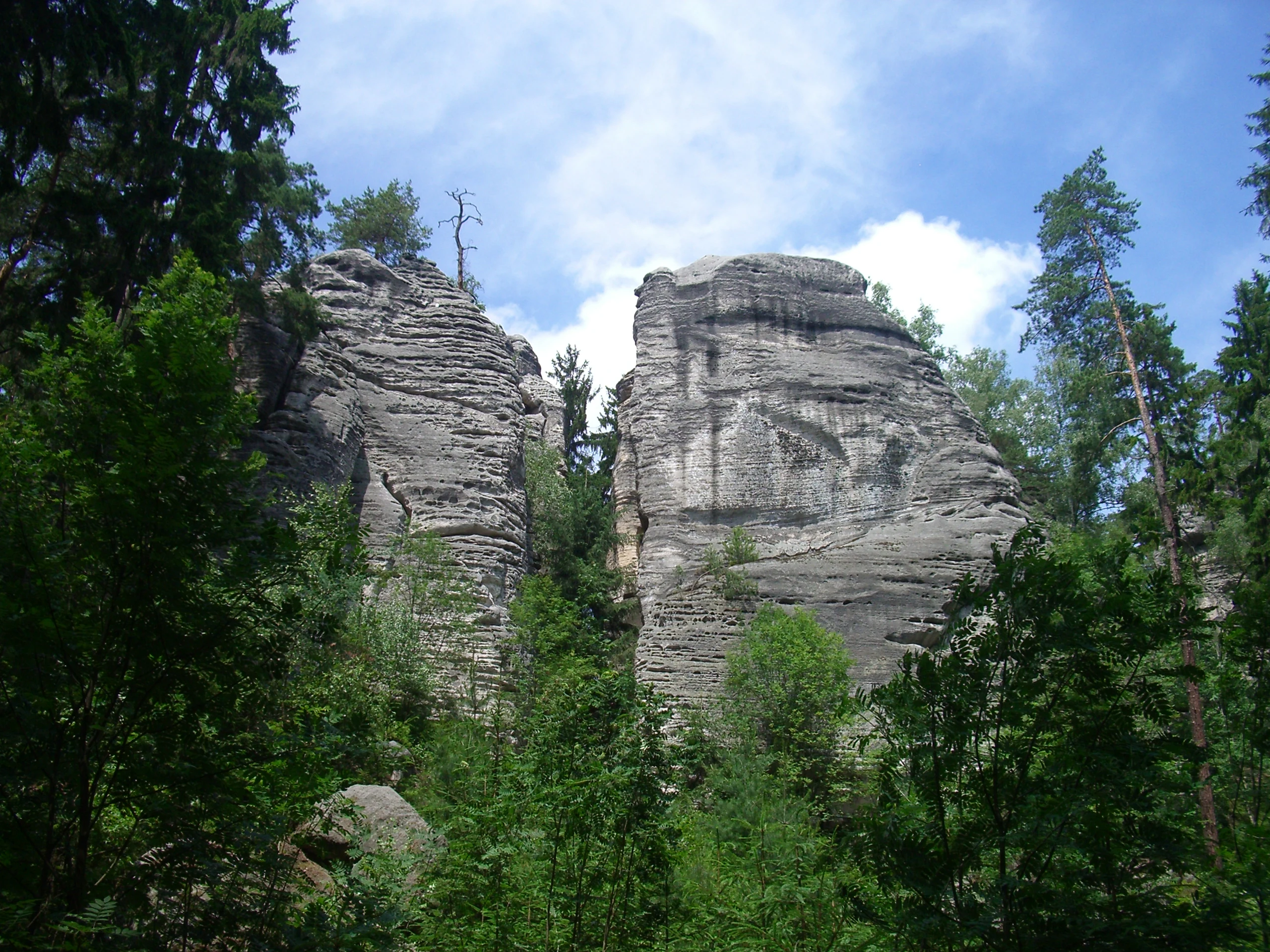 Sandstone rock formations surrounded by green trees under a partly cloudy sky.