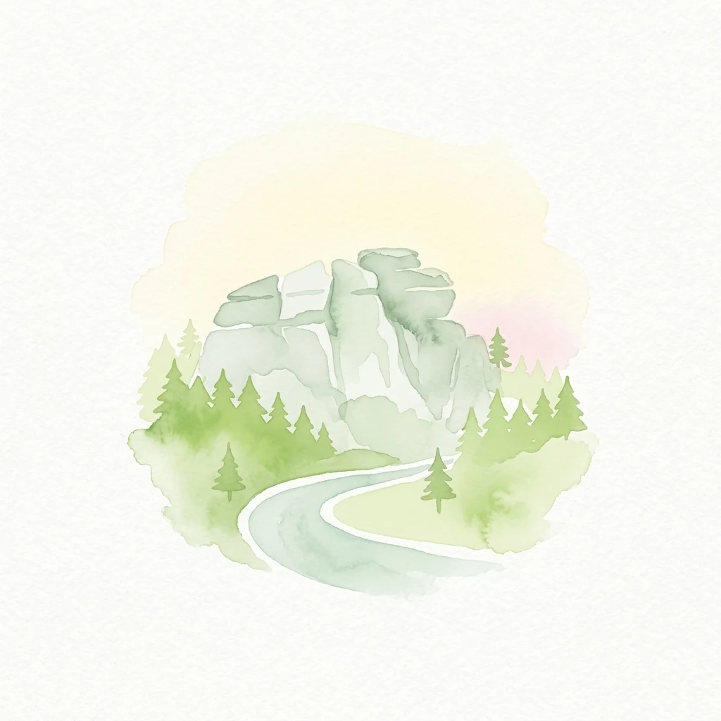 Watercolor illustration of a winding road through a forest with rocky outcrops
