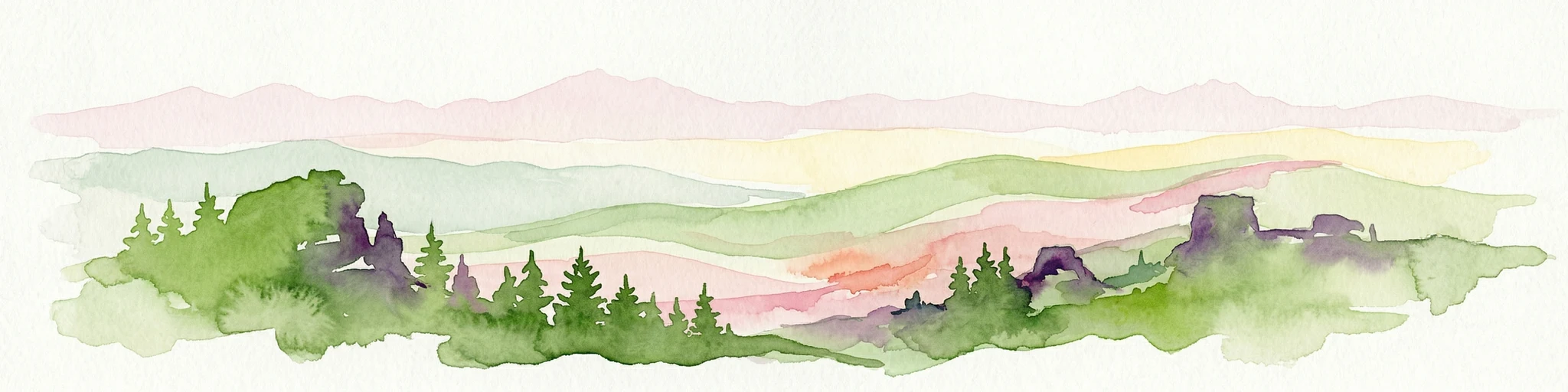 Watercolor illustration of rolling green hills, forests, and distant mountains