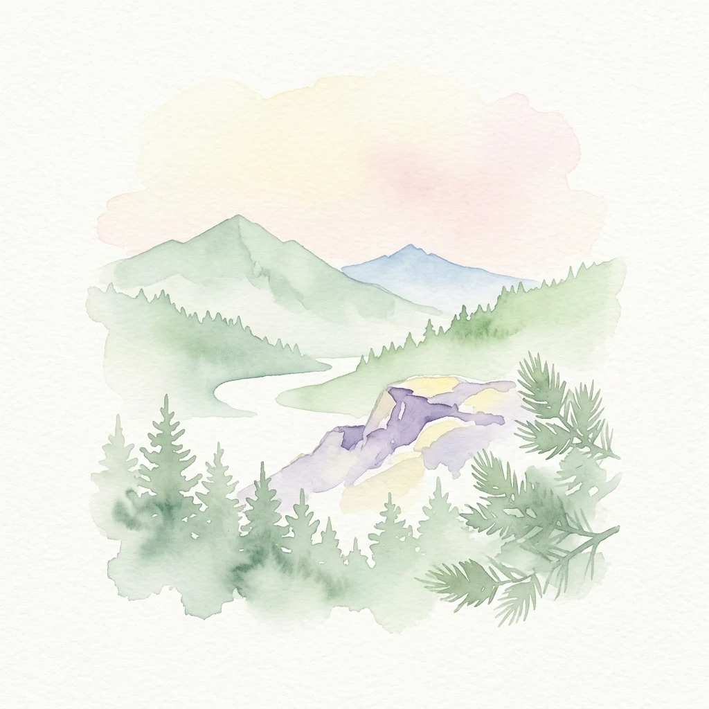 Ilustración en acuarela que muestra un paisaje montañoso con bosque, río y pinos