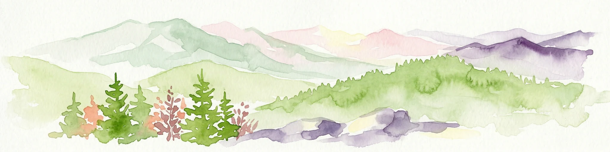 Ilustración en acuarela de montañas verdes y moradas con pinos y arbustos en flor en primer plano