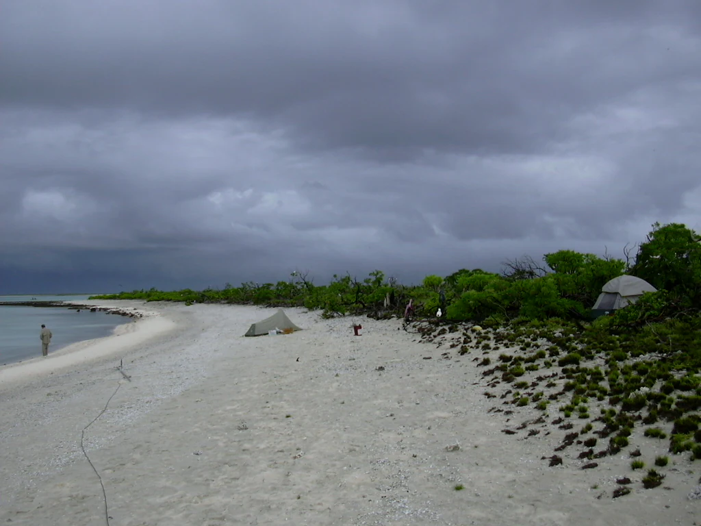 Una costa de playa arenosa en el atolón Bokak con dos pequeñas tiendas de campaña instaladas entre la vegetación costera bajo un cielo oscuro y nublado.