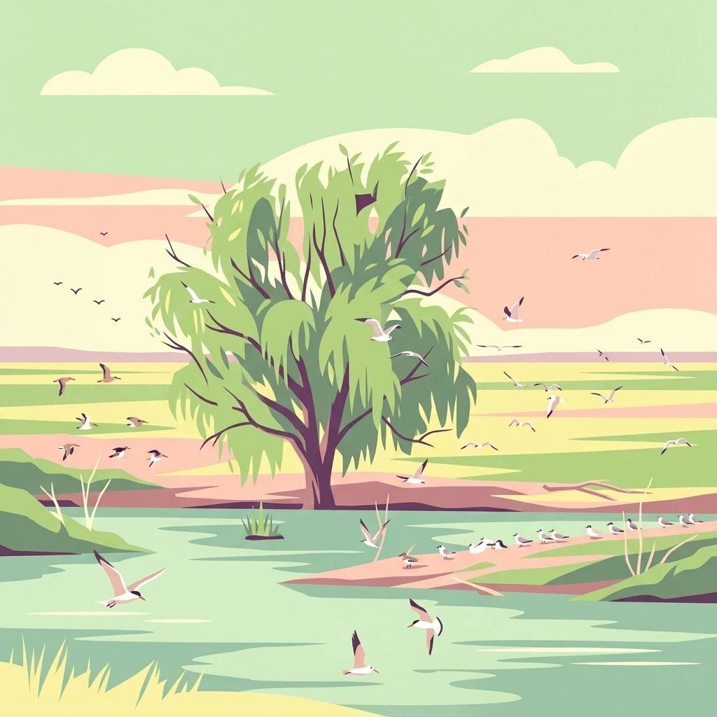 An illustrative, flat-style drawing of a lush green tree near a riverbank, surrounded by a flock of birds in a light green and pink landscape.