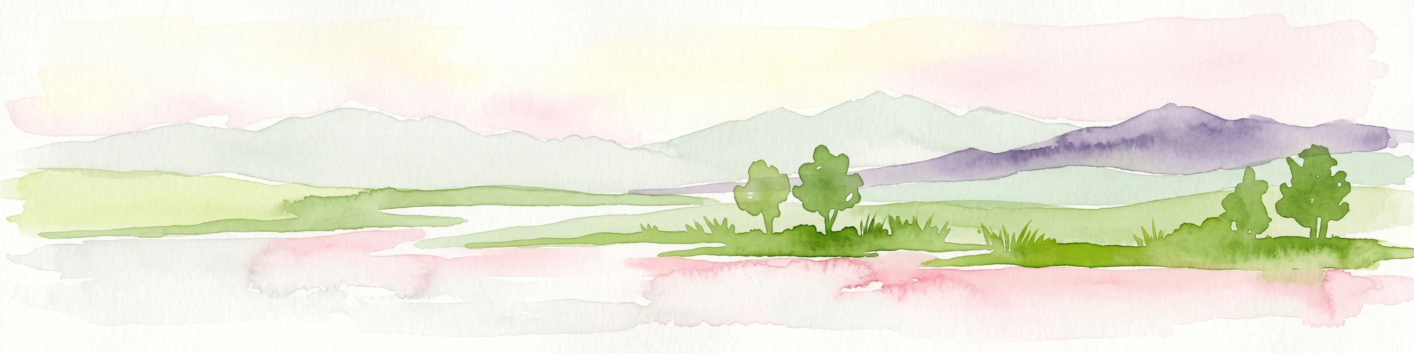 Una pintura horizontal en acuarela que muestra un paisaje pálido y de enfoque suave con colinas verdes onduladas, algunos árboles pequeños y colinas lejanas en capas en tonos de lavanda y rosa claro.