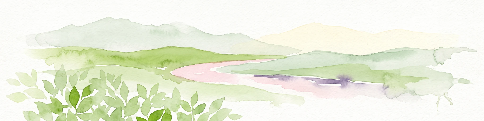 Watercolor painting of a meandering river landscape with gentle hills, light green foliage in the foreground, and soft washes of color.