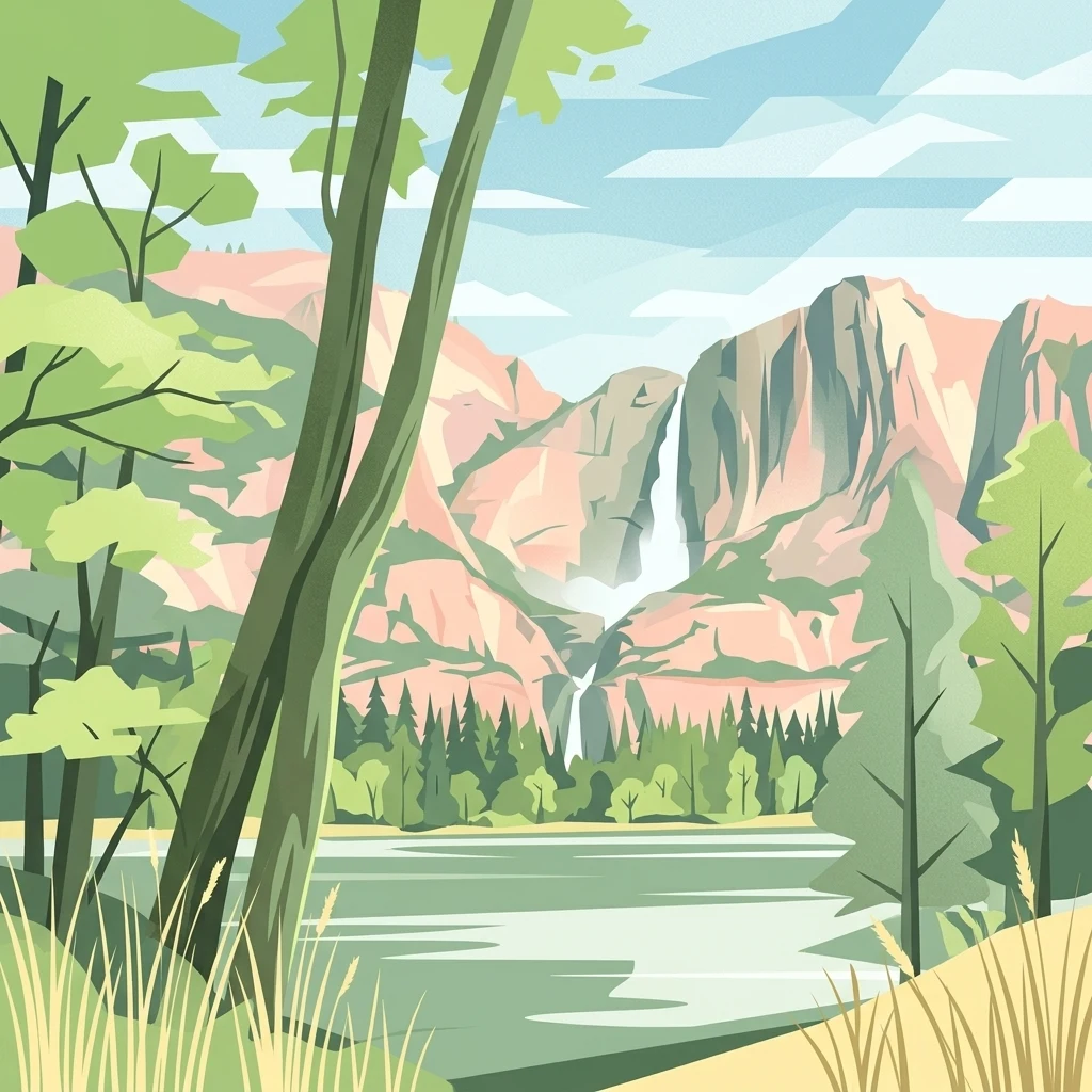 Una ilustración gráfica que muestra un lago tranquilo en primer plano, rodeado de un bosque de coníferas, con una prominente cascada que se precipita por los escarpados acantilados de las montañas al fondo.