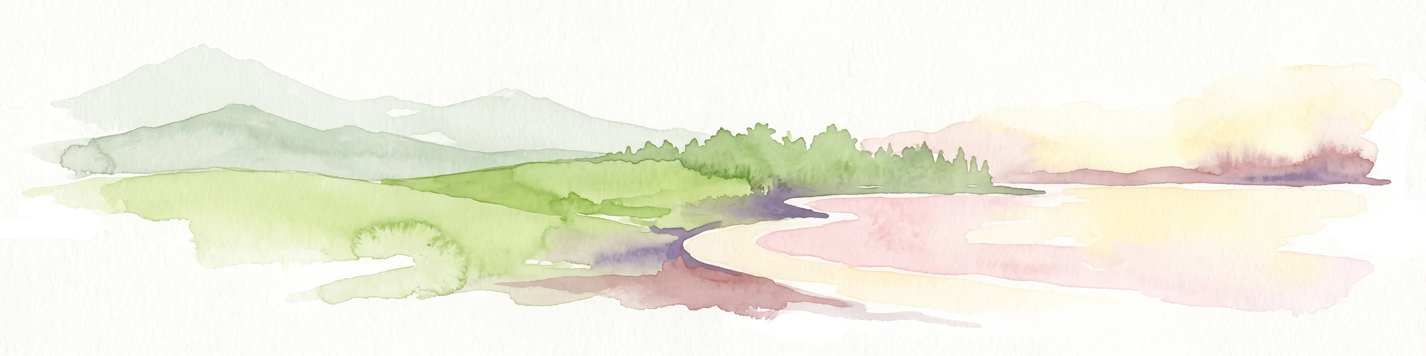 A soft, artistic watercolor painting of a green landscape leading to a lake, with rolling hills in the background and soft morning or evening light.
