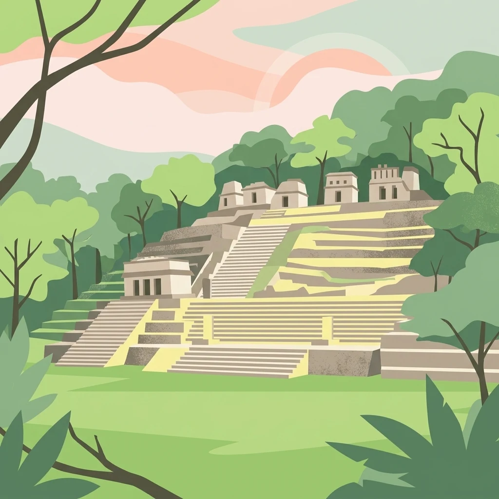 A flat-style digital illustration showing an ancient stepped stone temple complex surrounded by lush green trees and foliage under a pale pastel sky.