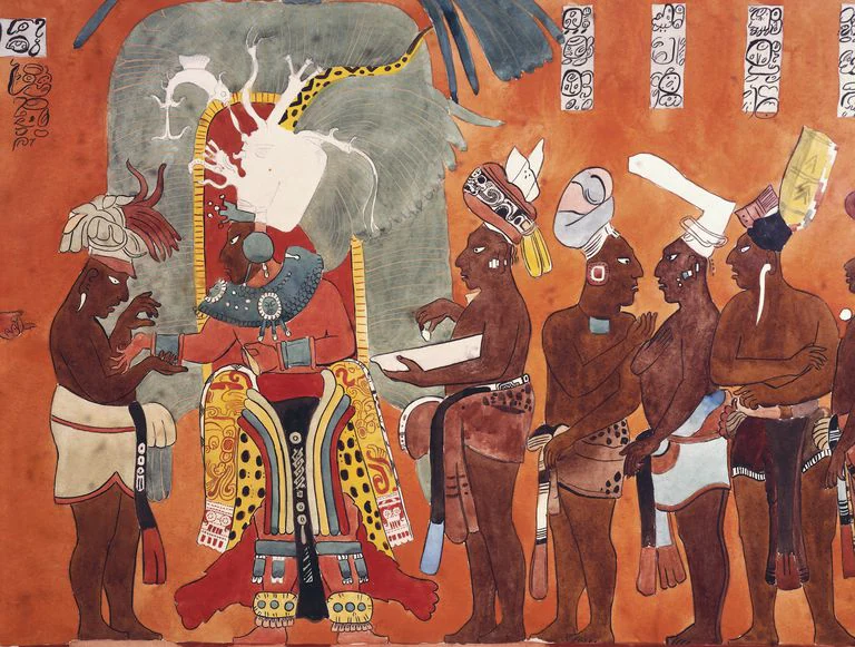 A section of an ancient Maya mural painting from Bonampak featuring several human figures in elaborate traditional dress, standing against a reddish-orange background.