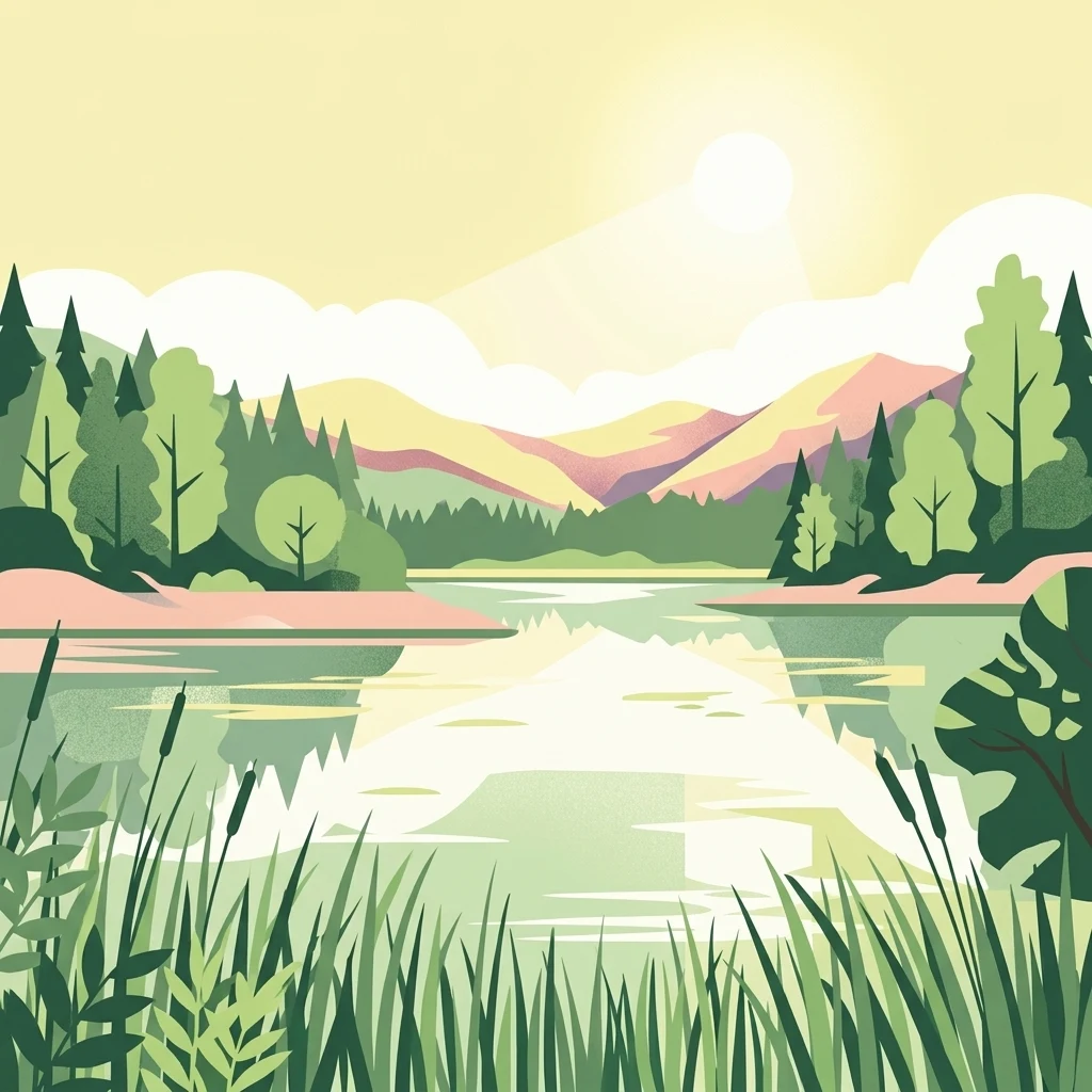 A flat vector-style illustration showing a serene lake with cattails in the foreground, forest-covered hills, and a pale sun in the background.