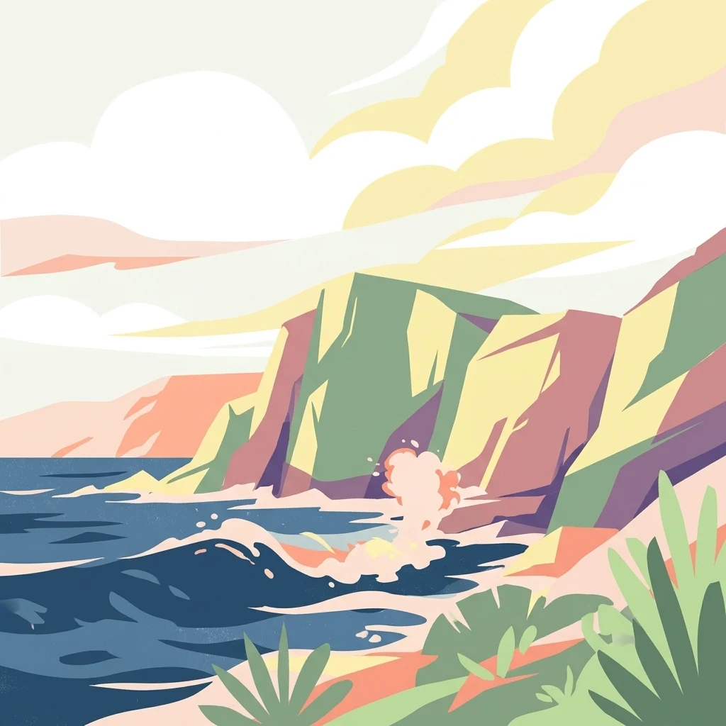 A stylized digital illustration of rugged coastal cliffs rising from a blue ocean with waves crashing against the rocks, framed by coastal vegetation in the foreground.