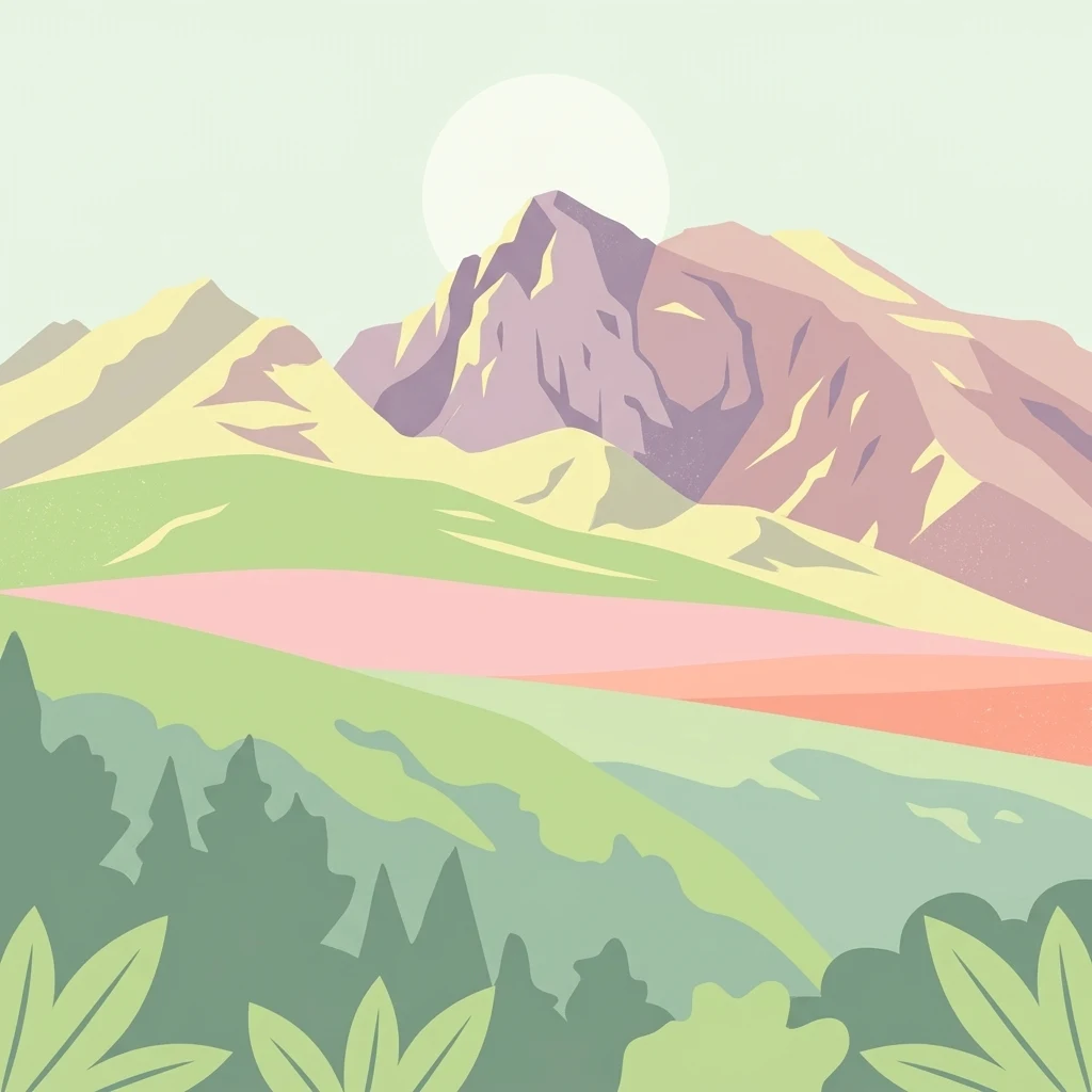 A minimalist, flat-style illustration showing green foreground vegetation, a grassy midground, and purple-tinted mountains against a pale sky with a faint sun.
