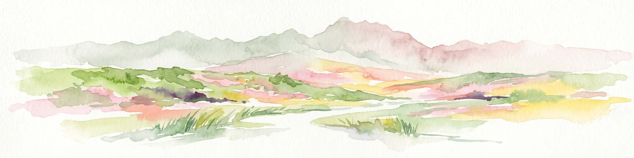 A soft watercolor illustration showing a hazy mountain range behind undulating, brush-filled plains in pastel tones.