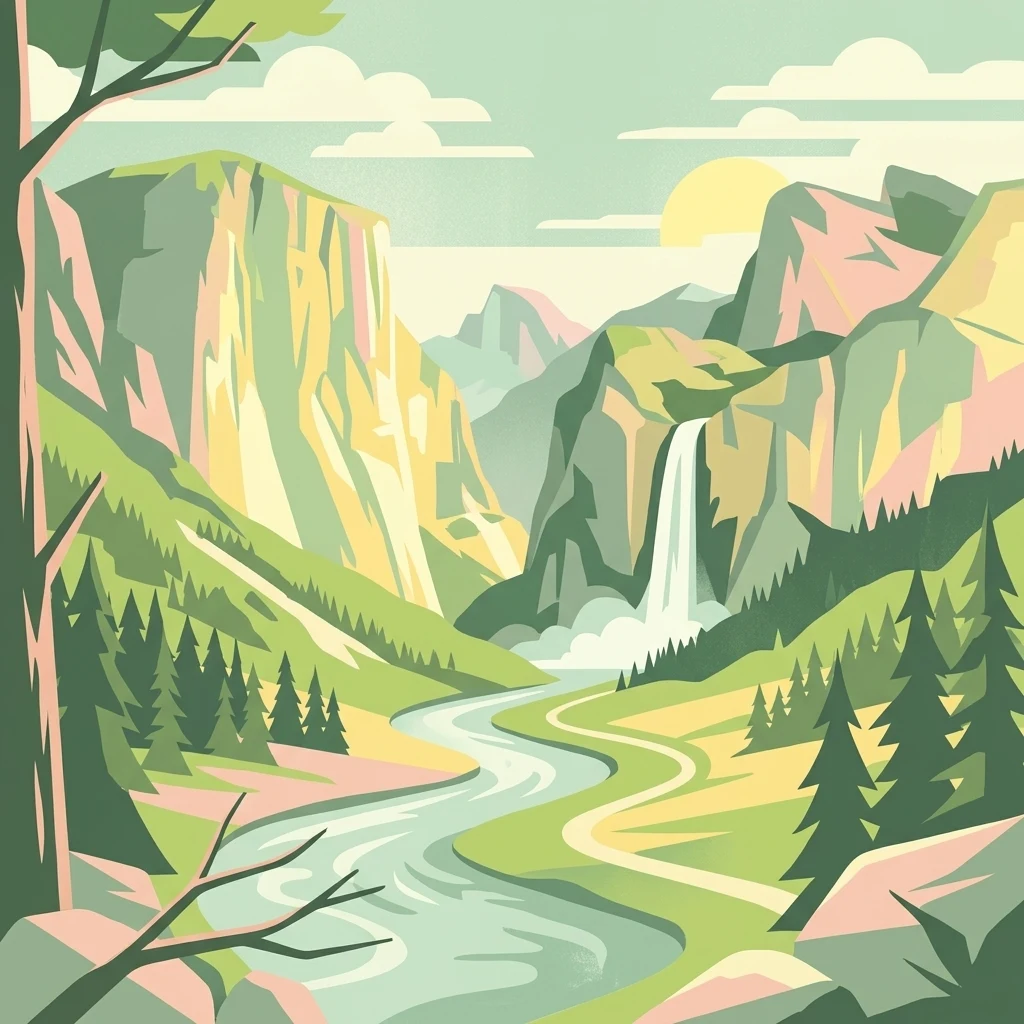 Una ilustración plana y estilizada de un valle de montaña con un río serpenteante en primer plano, una cascada que cae por un acantilado al fondo y bosques de coníferas circundantes.