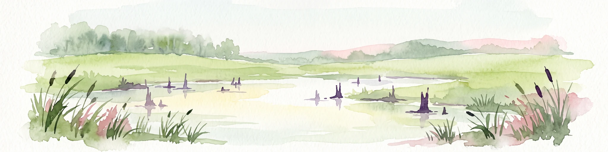 Una pintura en acuarela que muestra un humedal tranquilo con agua calmada, tocones de árboles oscuros dispersos, juncos en primer plano y colinas verdes onduladas a lo lejos bajo un cielo pálido.