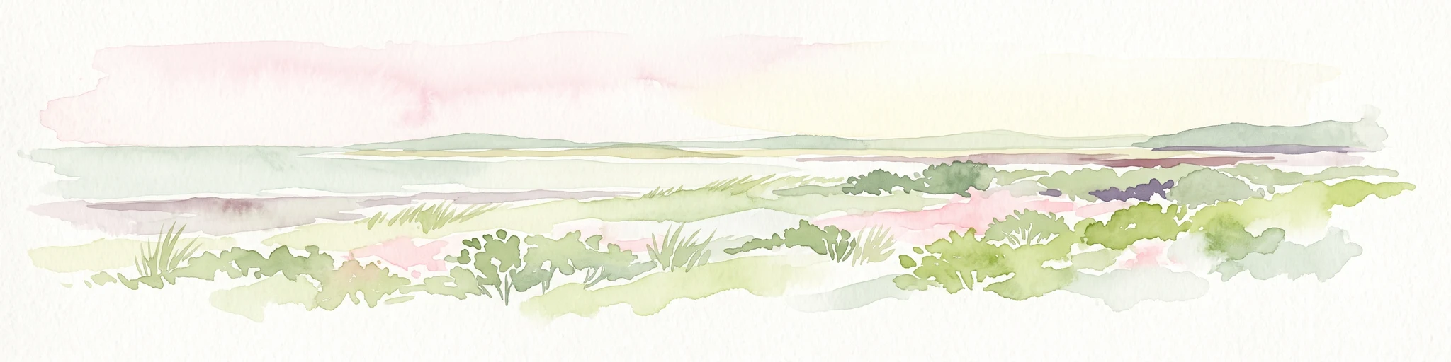 A soft watercolor painting showing a coastal landscape with green low-lying vegetation, a stretch of water, and rolling hills in the distance under a pale sky.