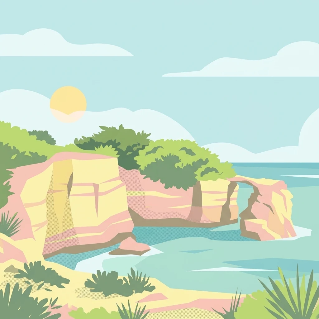 Una ilustración plana de estilo vectorial de un paisaje costero con acantilados de piedra caliza de color amarillo pálido, vegetación verde, un pequeño arco de roca natural en el mar y un cielo azul claro con un sol.