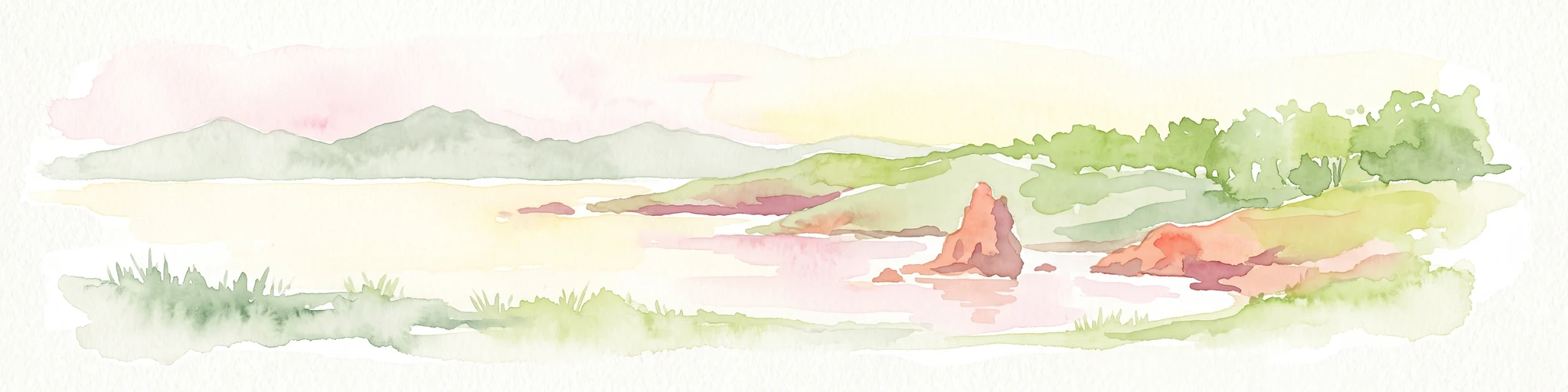 A soft watercolor illustration featuring a coastal scene with a calm bay, rocky outcroppings, green hills in the background, and pale pinkish lighting.