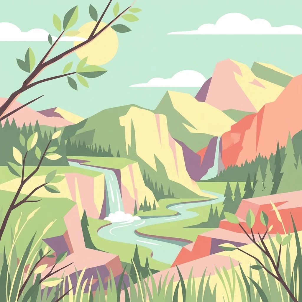 Una ilustración digital de estilo plano que representa un valle montañoso soleado con un río serpenteante, dos cascadas, árboles de hoja perenne y follaje en primer plano.