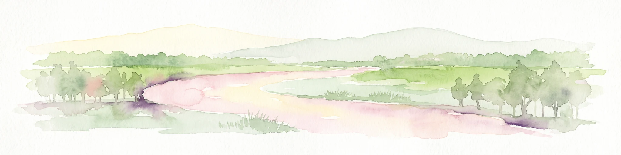 A horizontal watercolor painting showing a soft, impressionistic landscape with a winding stream, surrounding marshy vegetation, trees, and distant rolling hills in pale green and pink tones.