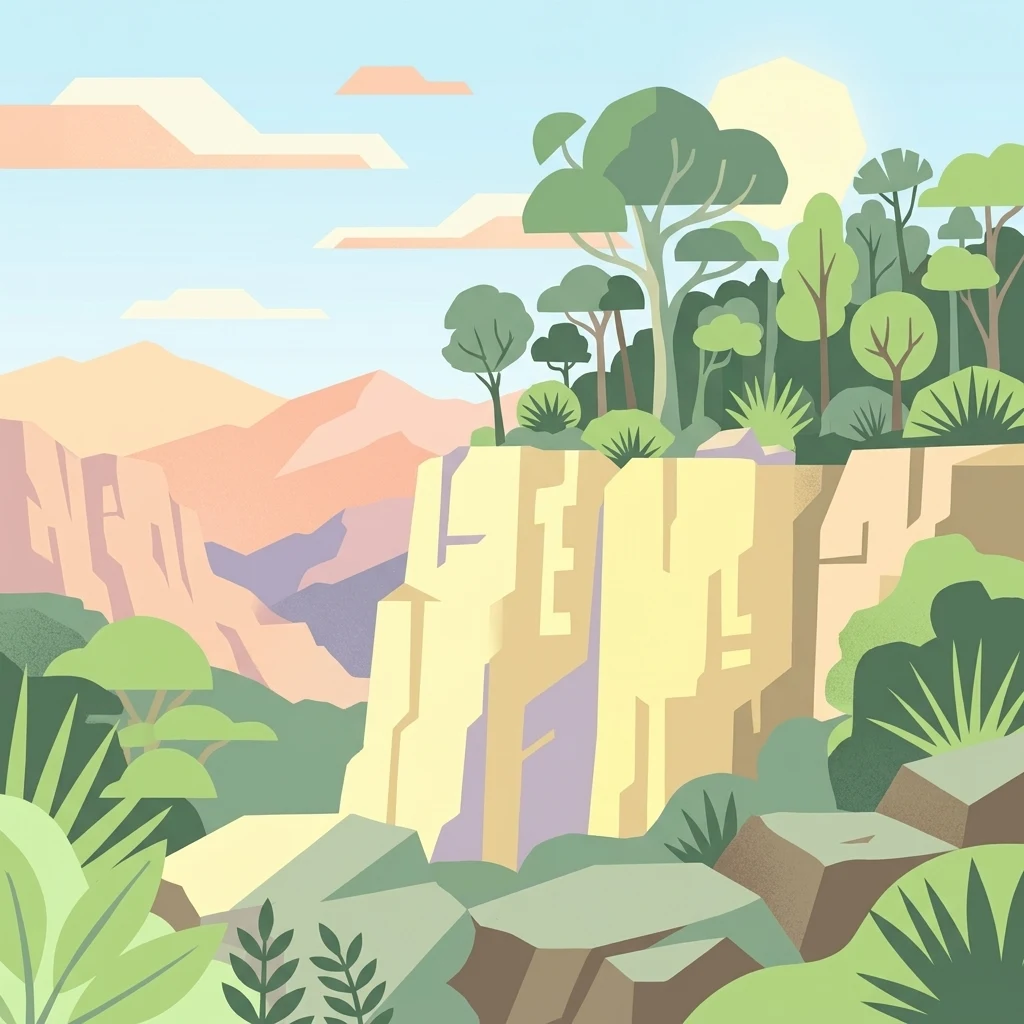 Digital illustration of vertical limestone cliffs surrounded by green trees and shrubs, with distant mountain ridges under a light sky.