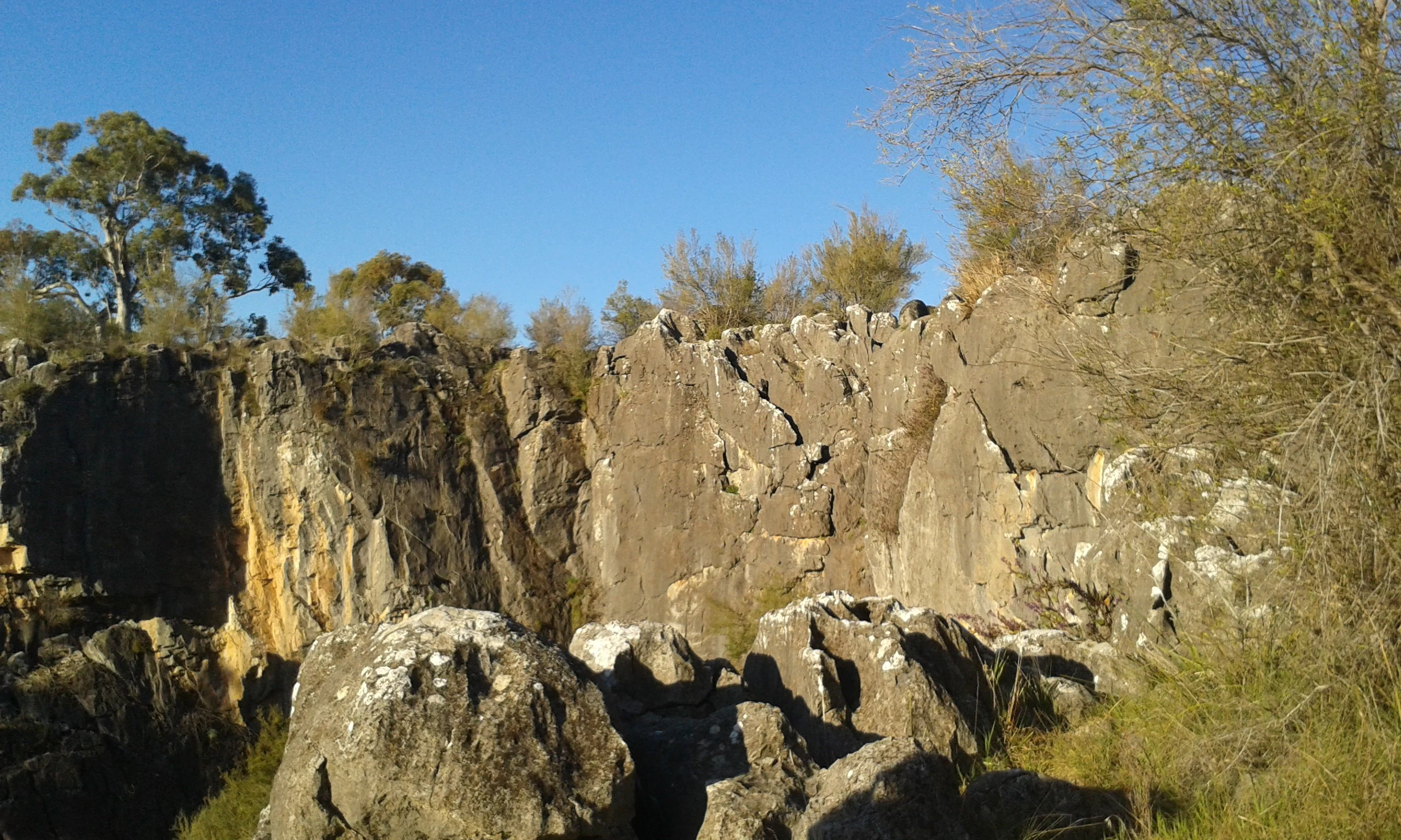 A steep, weathered limestone rock face rises above a rocky ground, surrounded by trees under a clear blue sky.