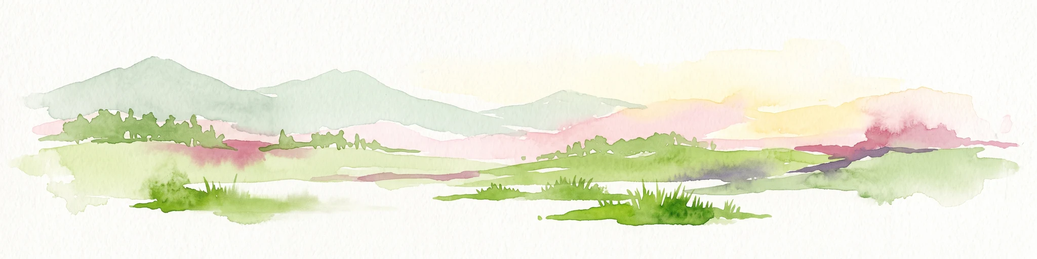 Una acuarela de colinas y montañas verdes onduladas sobre un fondo blanco con lavados rosa pálido y amarillo.