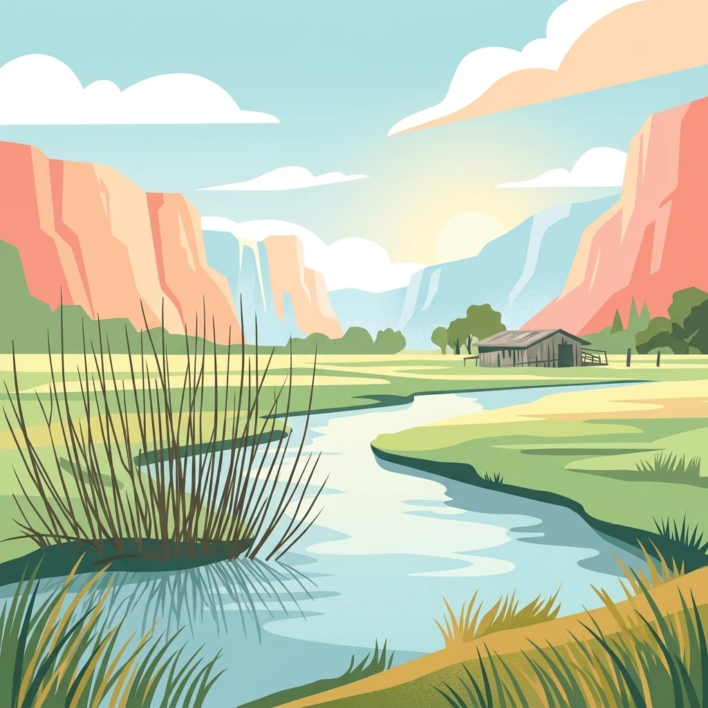 An illustrative depiction of a scenic wetland landscape with a winding river, tall grasses in the foreground, a wooden barn in the middle ground, and distant hills under a partly cloudy sky.