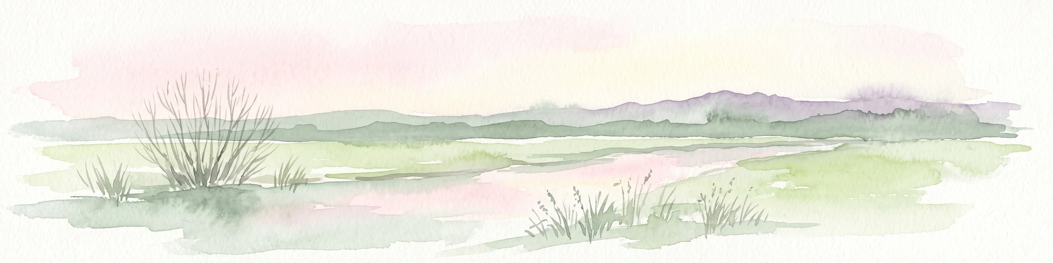 Una ilustración en acuarela pálida y de tonos suaves de un río tranquilo que serpentea por praderas abiertas y verdes de marisma, con colinas onduladas a lo lejos bajo un cielo rosado y suave.