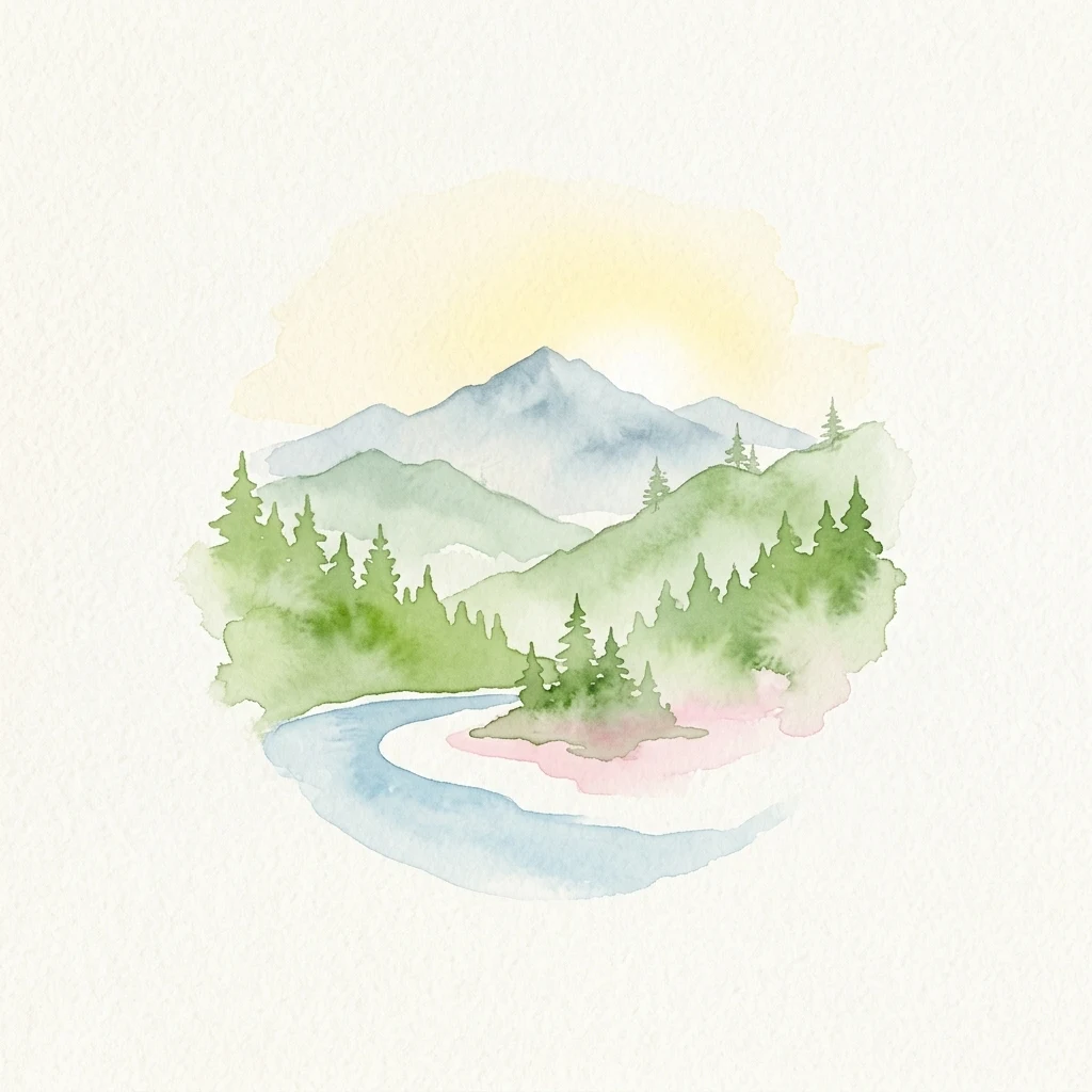 Watercolor illustration of mountains, forested hills, a winding river, and a sunlit sky