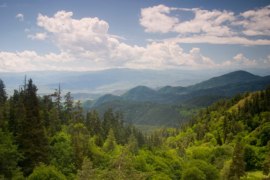 Mountain landscape with green forests and rolling hills under a partly cloudy sky