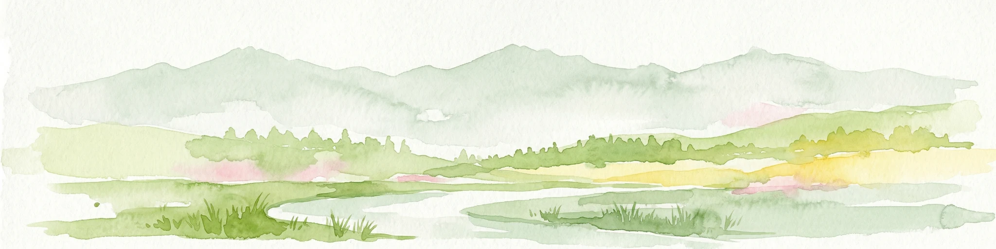 Ilustración en acuarela de un paisaje con montañas, un río y campos de hierba