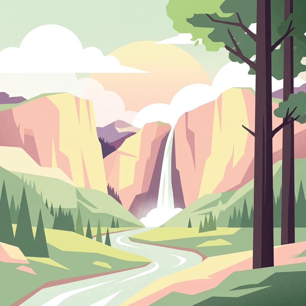 A flat-style digital illustration depicting a winding river leading toward a waterfall between two high rock cliffs, surrounded by pine trees and soft clouds.