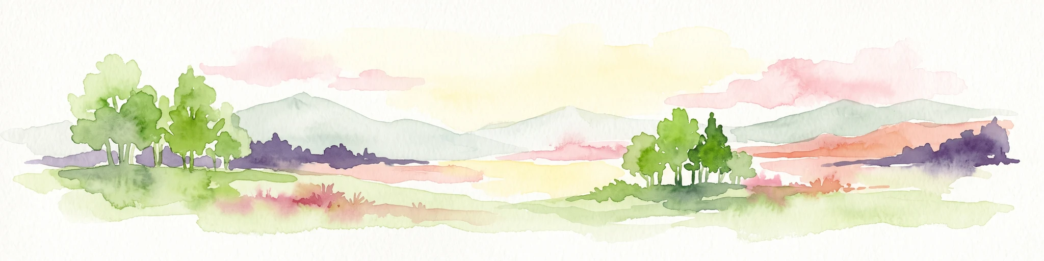 Watercolor painting of a wide landscape with clusters of trees, green meadows, and soft, distant hills under a pastel sky.