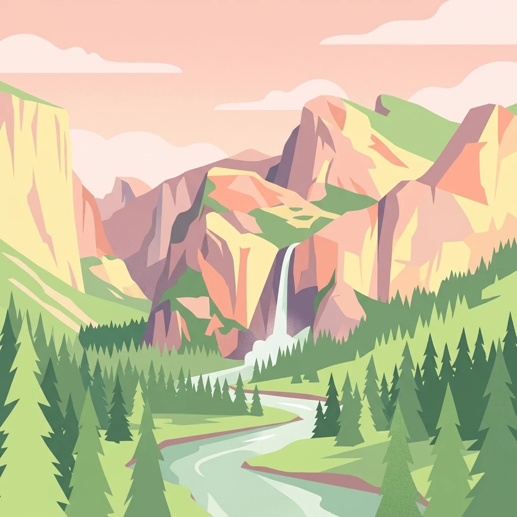 A flat, stylized digital illustration depicting a mountainous valley with evergreen trees in the foreground, a winding river, and a waterfall flowing down a rocky cliff under a soft peach-colored sky.