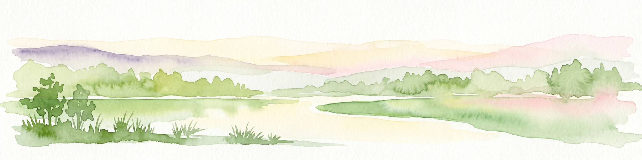 A watercolor painting showing a tranquil lake shore with soft green vegetation and distant muted hills.