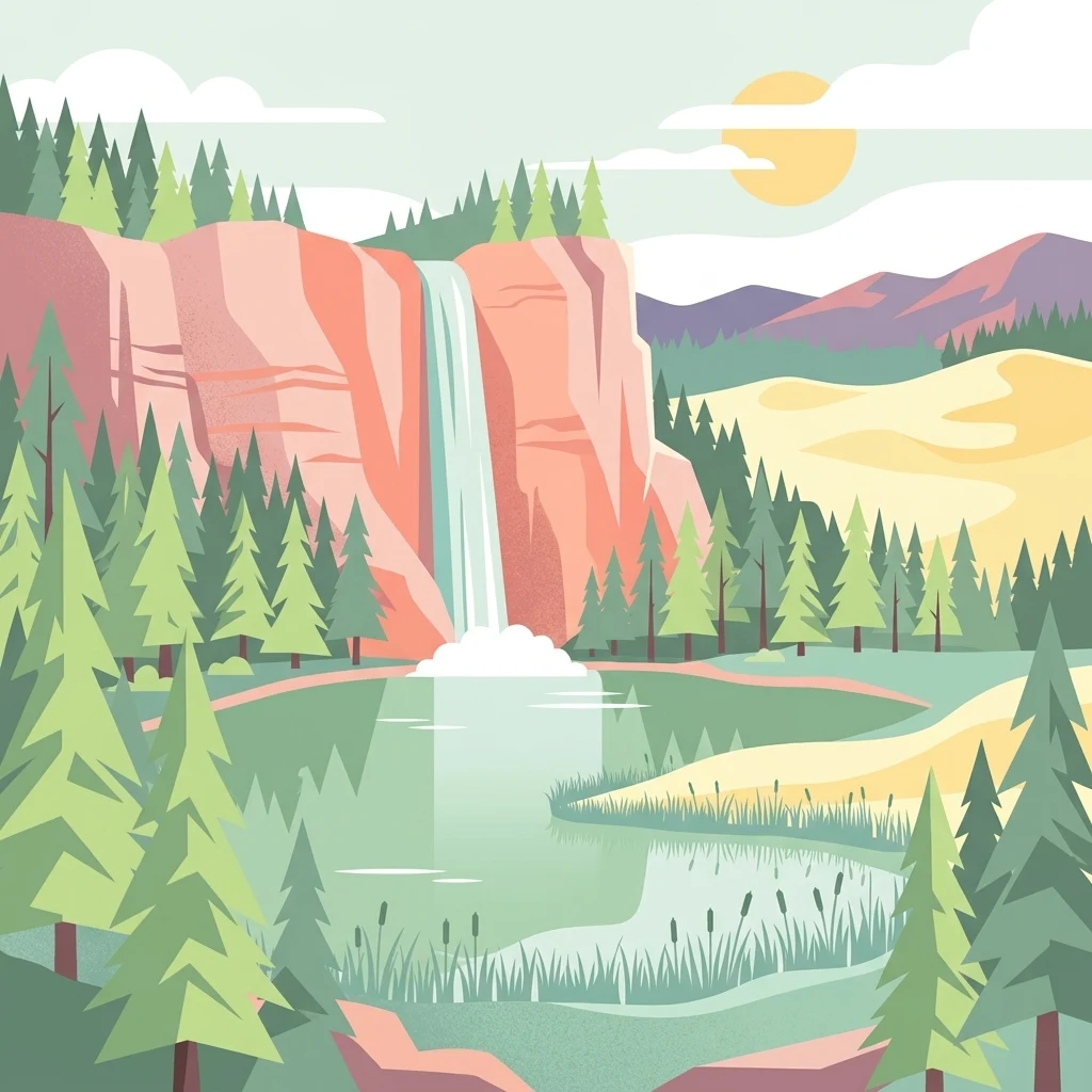 Una ilustración plana de estilo vectorial de una cascada que cae por un acantilado rojo hacia un lago tranquilo rodeado de pinos y un paisaje ondulado bajo un sol suave.