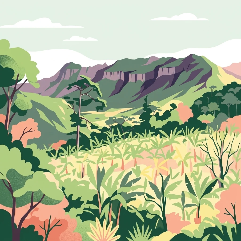 Una ilustración colorida que muestra un exuberante valle de selva tropical con vegetación densa en primer plano y altas crestas montañosas al fondo bajo un cielo pálido.