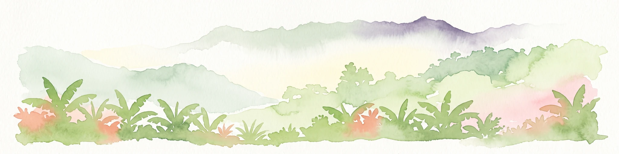 Una acuarela horizontal que muestra capas de montañas brumosas en la lejanía detrás de un primer plano de densa vegetación tropical y plantas similares a las palmeras.