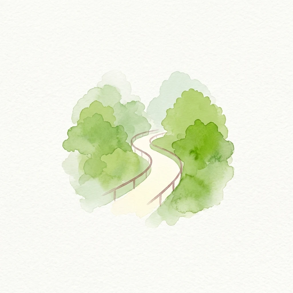 Ilustración acuarela de un sendero sinuoso con barandillas rodeado de árboles verdes