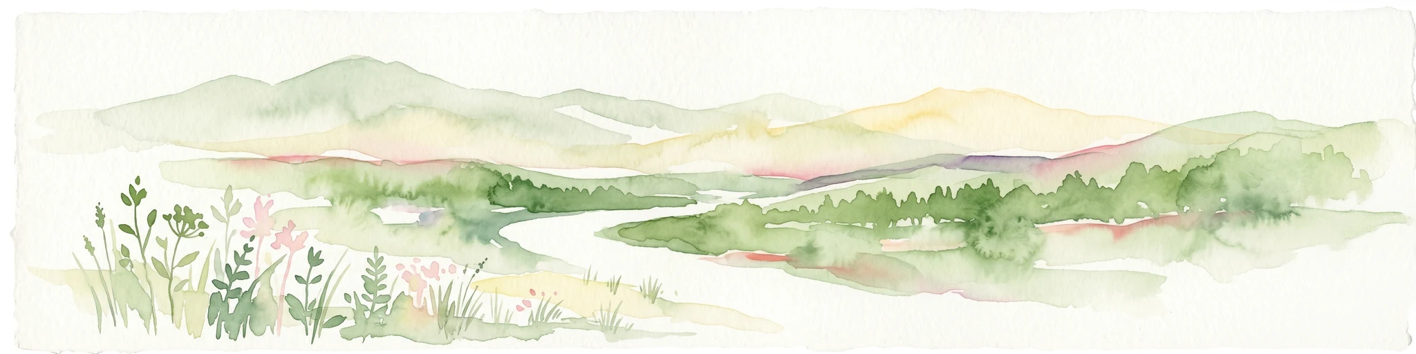 Watercolor illustration of a river winding through a valley with rolling hills and green vegetation in the foreground.