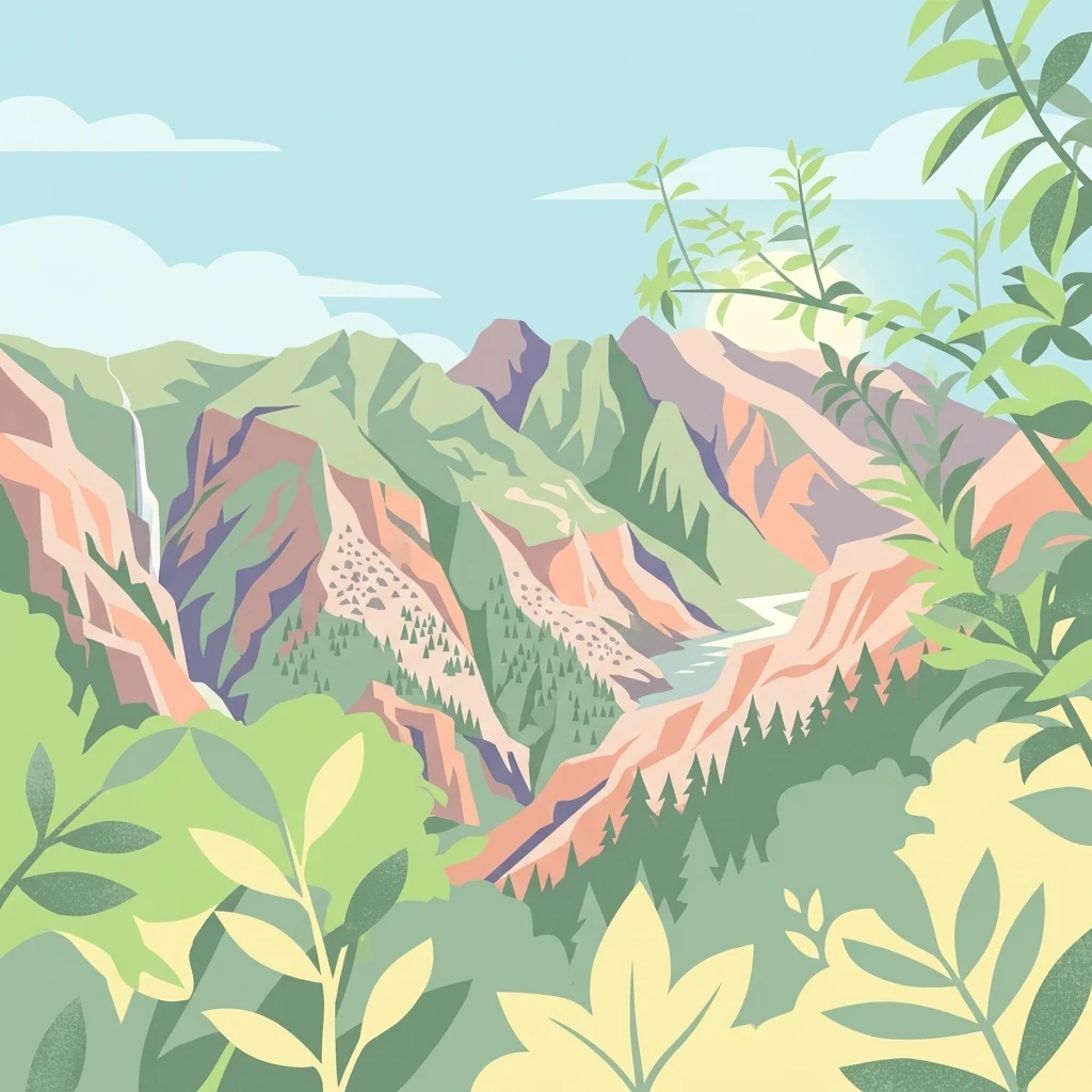 A stylized digital illustration of a mountainous valley with a winding river and a small waterfall, framed by green leaves in the foreground.