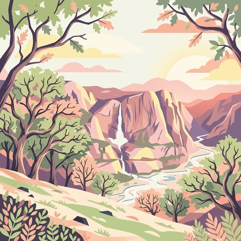 An illustrative style drawing of a sun-drenched canyon featuring a waterfall cascading down rocky cliffs into a winding river below, framed by trees in the foreground.