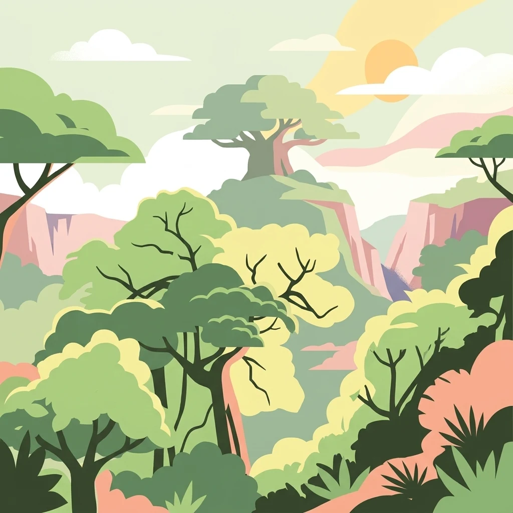 A stylized graphic illustration of a tropical forest featuring various tree shapes, layers of hills in the background, and a pale sun in a soft-toned sky.