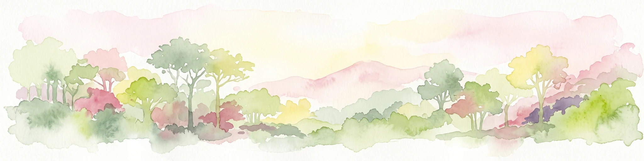 A horizontal watercolor painting showing a stylized forest landscape with soft pastel green, yellow, and pink hues representing trees and rolling hills.