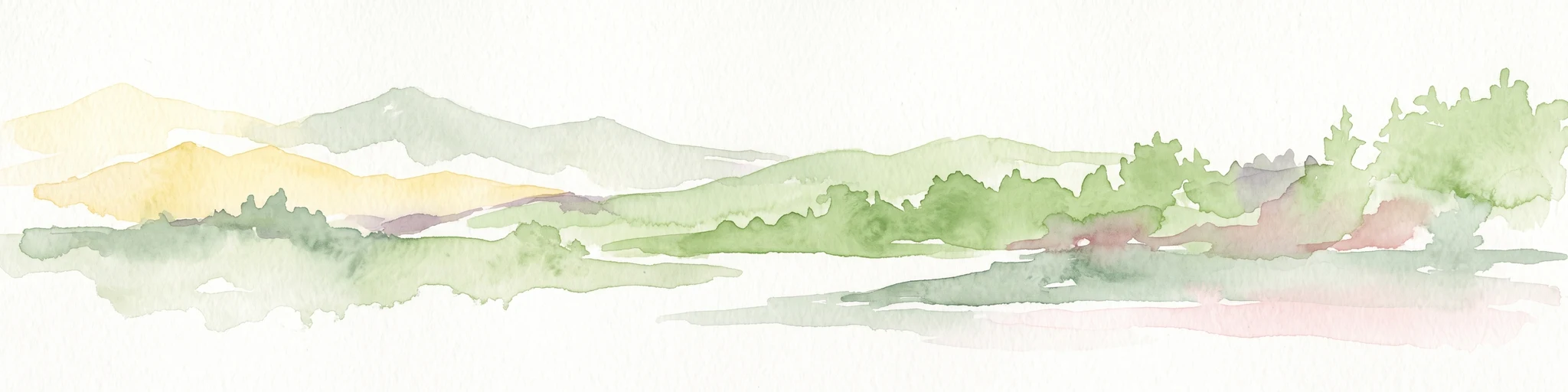 A watercolor painting of a green, rolling coastal landscape with gentle hills and trees under a white background.