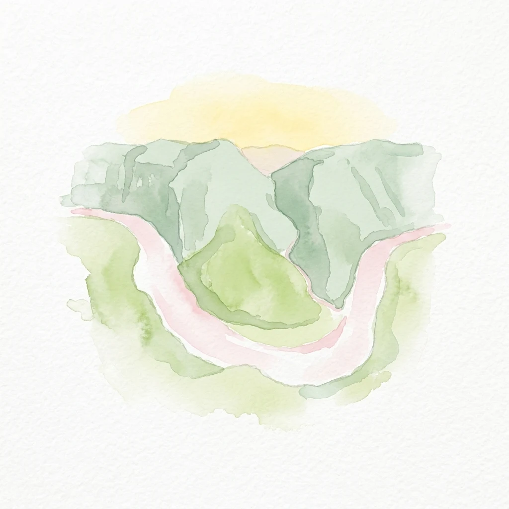 Watercolor illustration showing a valley with a winding river, green mountains, and yellow sky